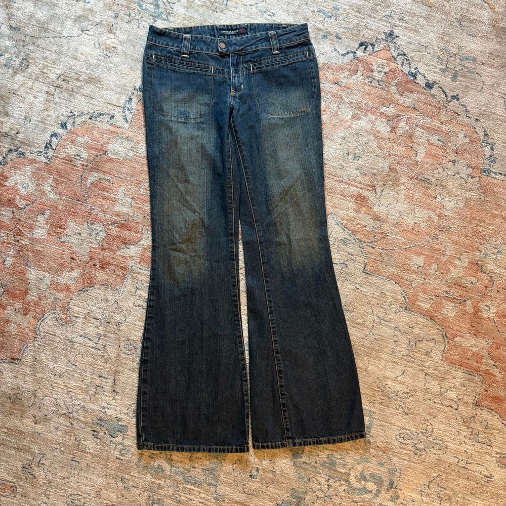 American Eagle Women Navy Blue Low Rise Flare Jeans Y2K Size 6 Dark Wash Denim